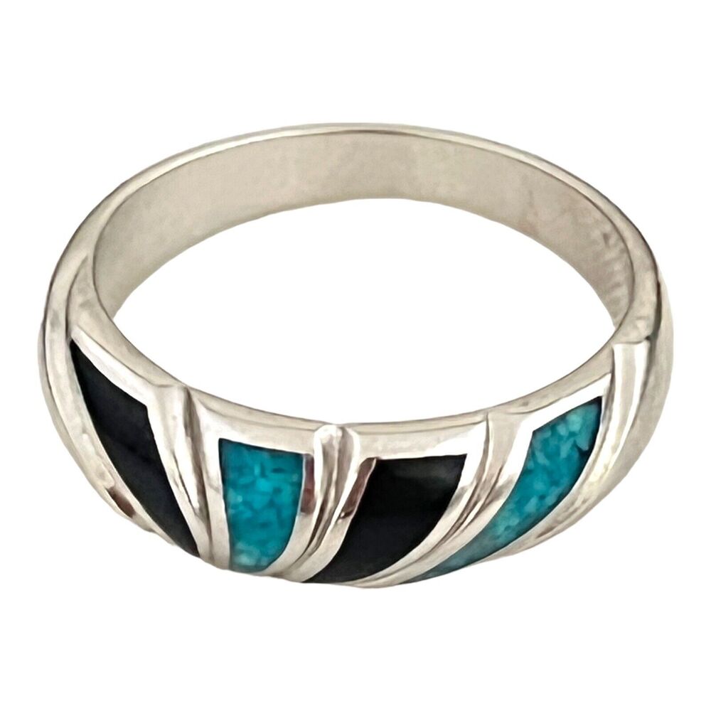 Vintage 1980s Castings on Parade Ring Turquoise Inlay Enamel Silver Tone - 11Y